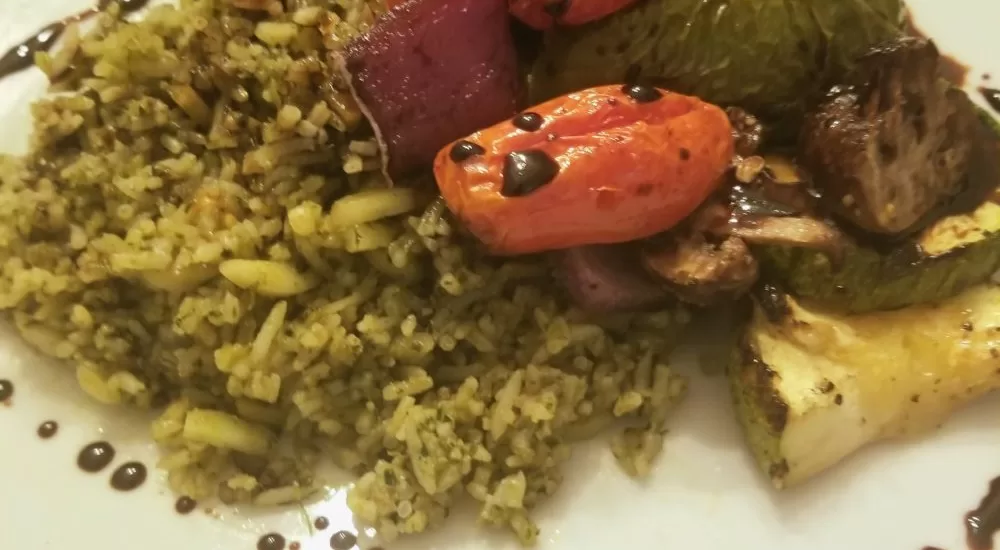 Vegan Grilled Veggies over Pesto Rice w/Balsamic Reduction