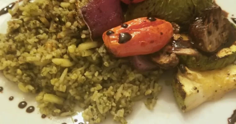 Vegan Grilled Veggies over Pesto Rice w/Balsamic Reduction