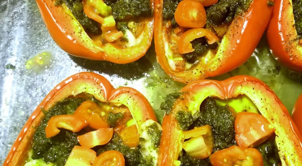 Vegan Stuffed Red Peppers with Pesto and Feta