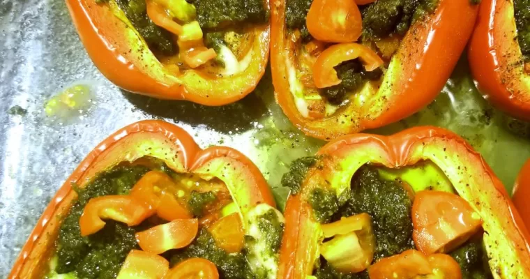 Vegan Stuffed Red Peppers with Pesto and Feta